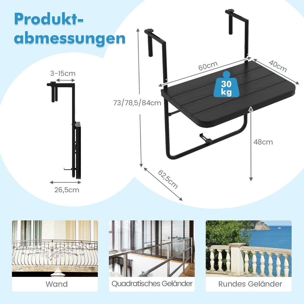 Folding railing table hanging table for indoor and outdoor use black