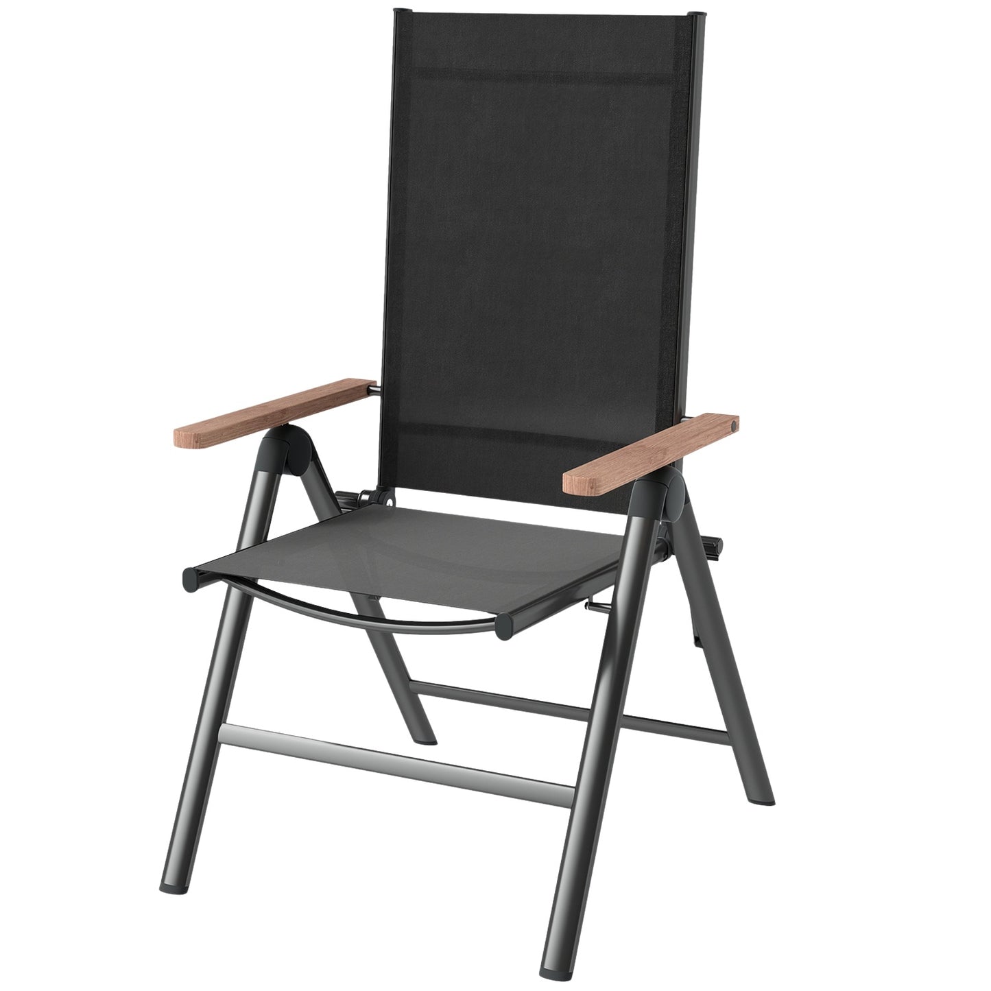 Folding steel garden chair with armrests, black, 120 kg capacity