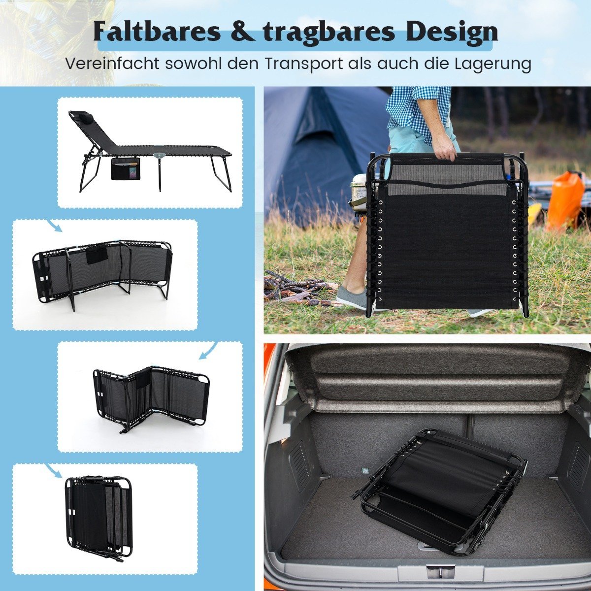 Folding sun lounger with headrest & Side pocket & Adjustable backrest garden lounger black