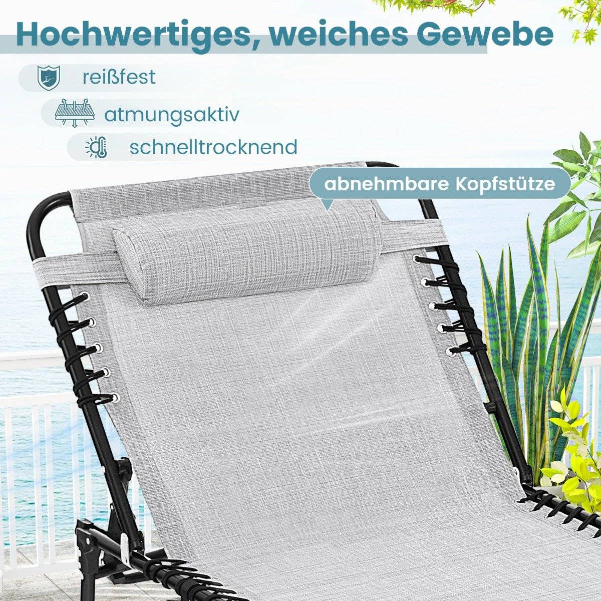 Folding sun lounger with headrest & Side pocket & Adjustable backrest garden lounger gray
