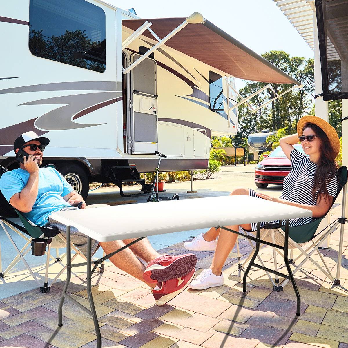 Folding table folding camping table garden table white 153 cm x 74 cm x 74 cm