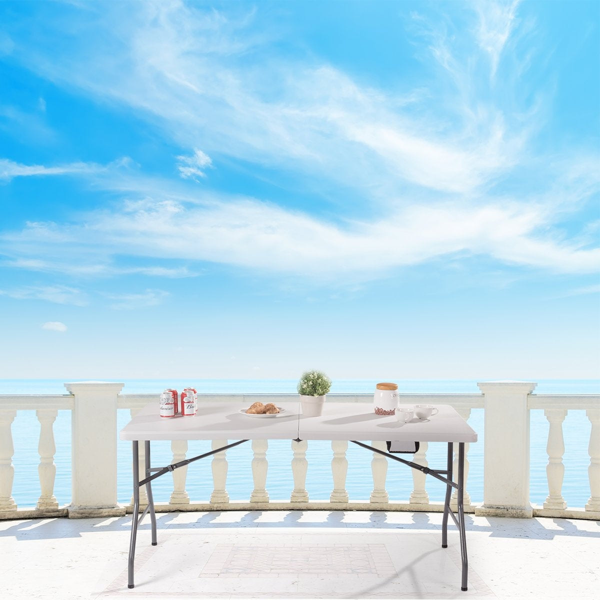 Folding table folding camping table garden table white 153 cm x 74 cm x 74 cm