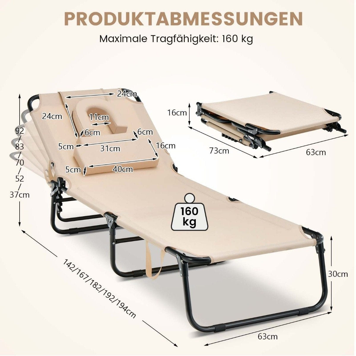 Folding tanning chair beach lounger with face opening beige