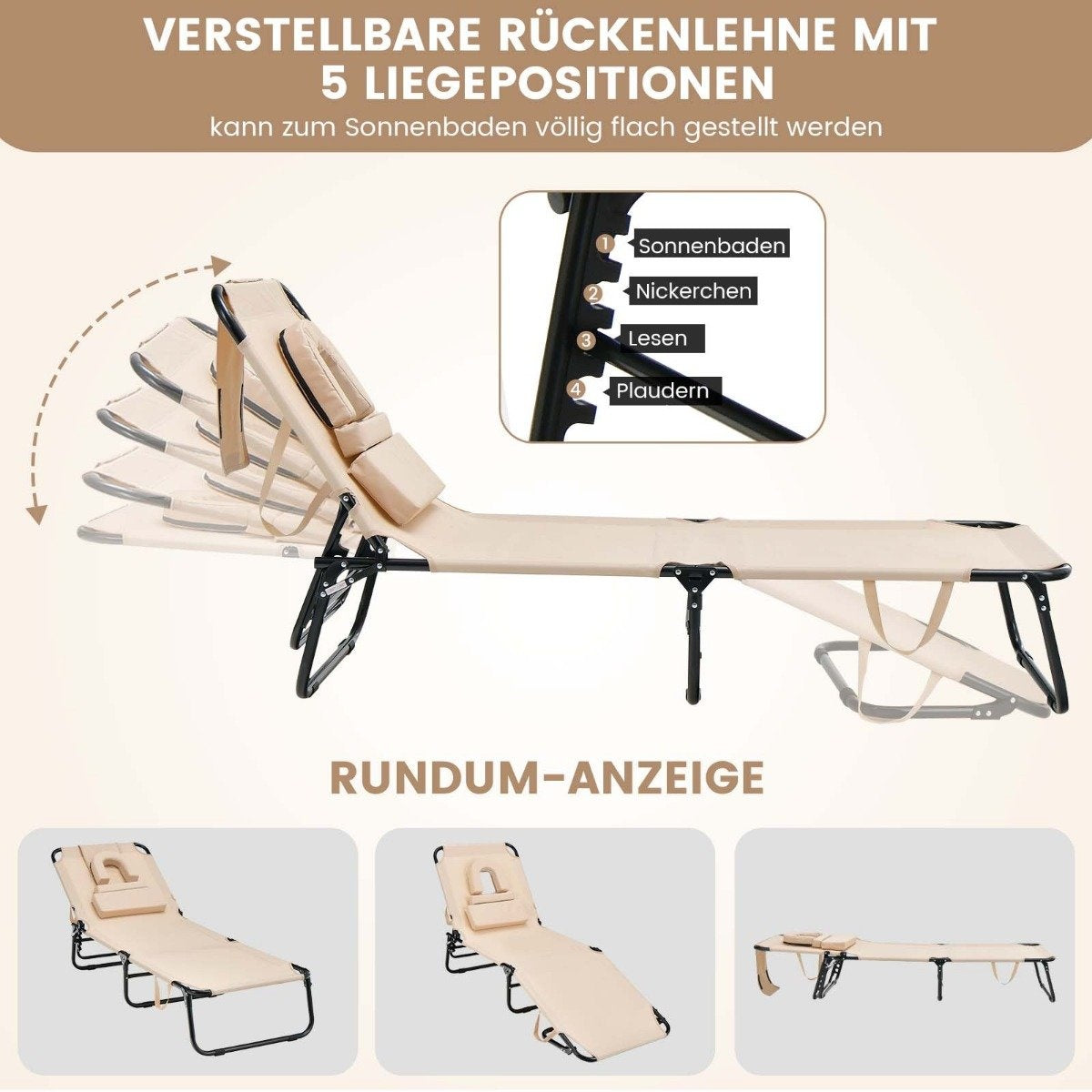 Folding tanning chair beach lounger with face opening beige