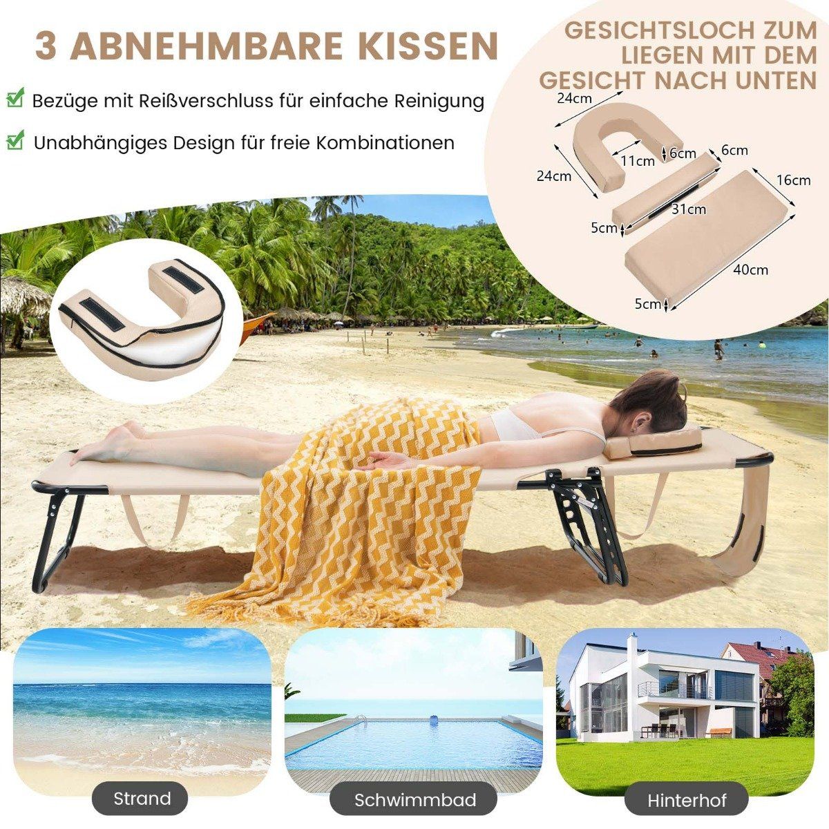 Folding tanning chair beach lounger with face opening beige