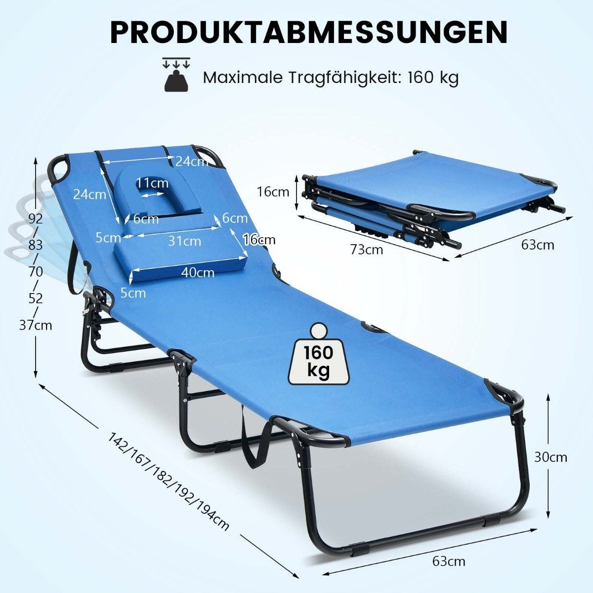 Folding tanning chair beach lounger with face opening blue