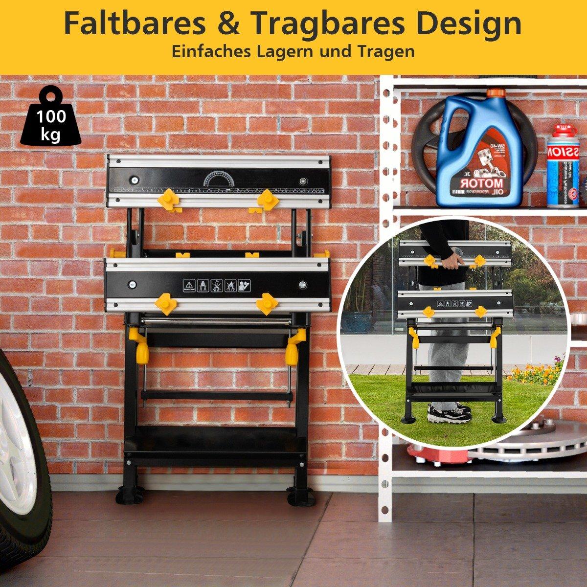 Folding work table with 8 movable clamps & 7 levels of height 100 kg load capacity