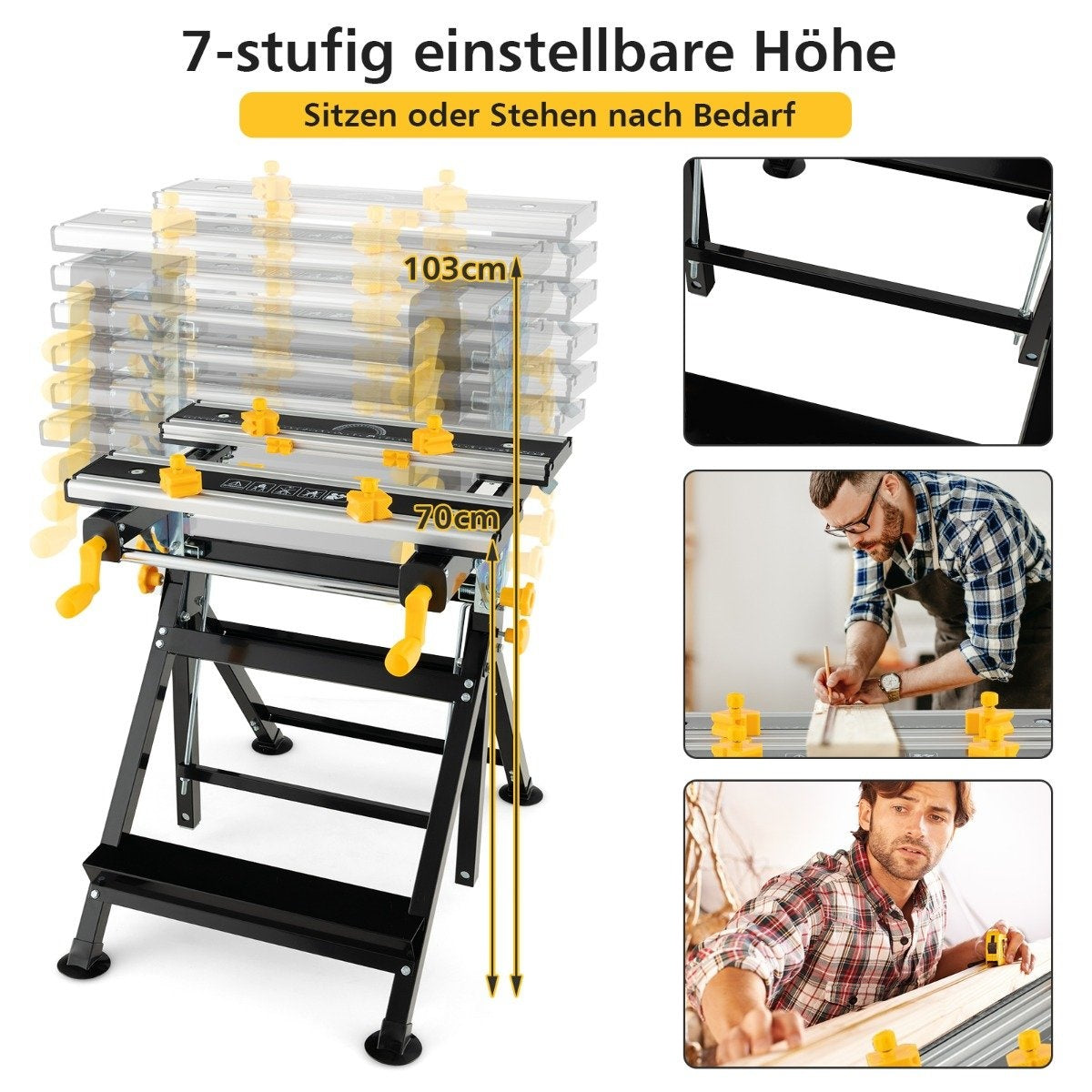 Folding work table with 8 movable clamps & 7 levels of height 100 kg load capacity