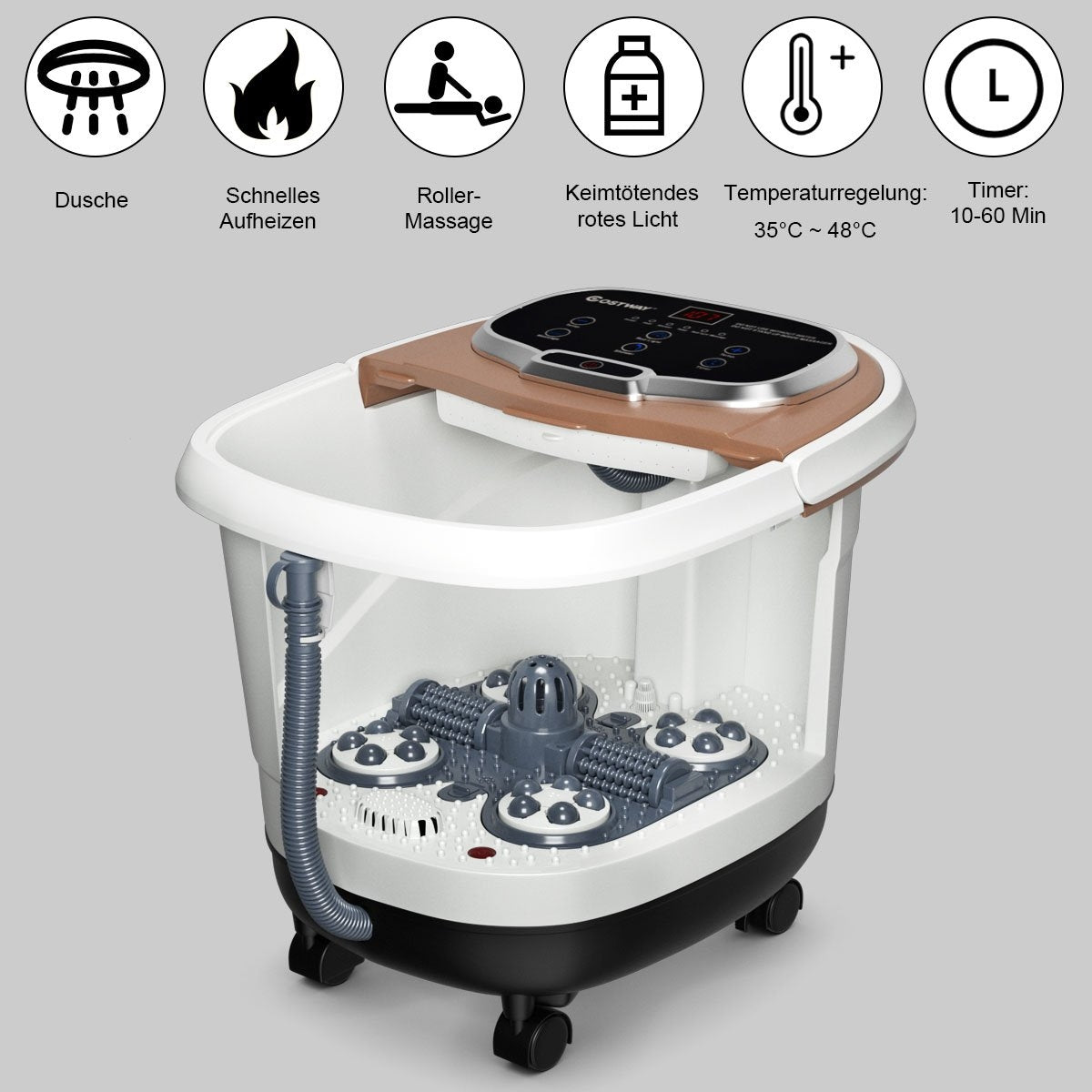 Foot Bath Massager with Rollers 35-48℃ Electric Foot Bath Shower Massage Brown