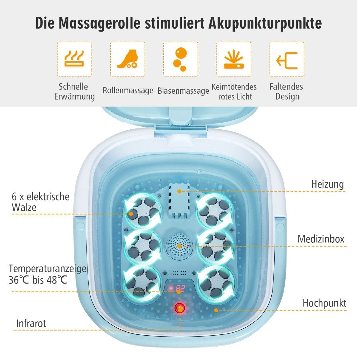 Foot bath massager foldable with remote control foot bath whirlpool 42 x 40 x 24 cm blue
