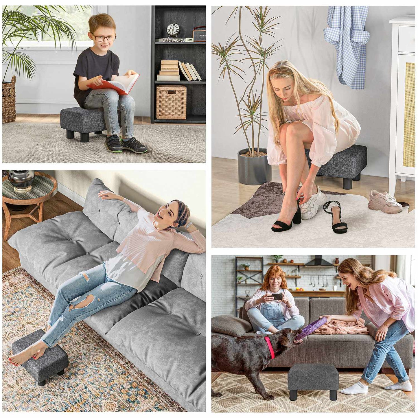Footstool with Linen-Like Fabric, Foam Padding, Dark Grey