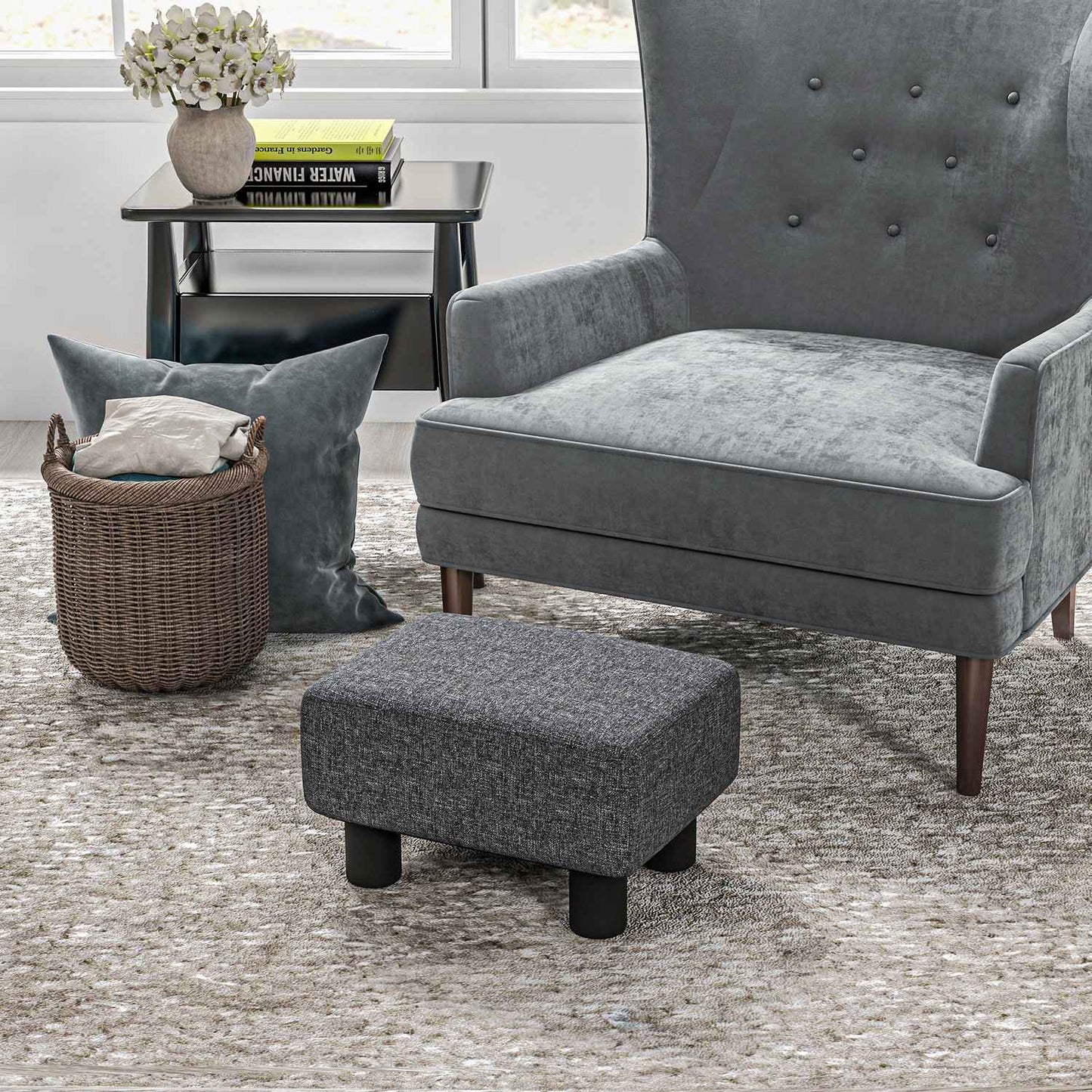 Footstool with Linen-Like Fabric, Foam Padding, Dark Grey