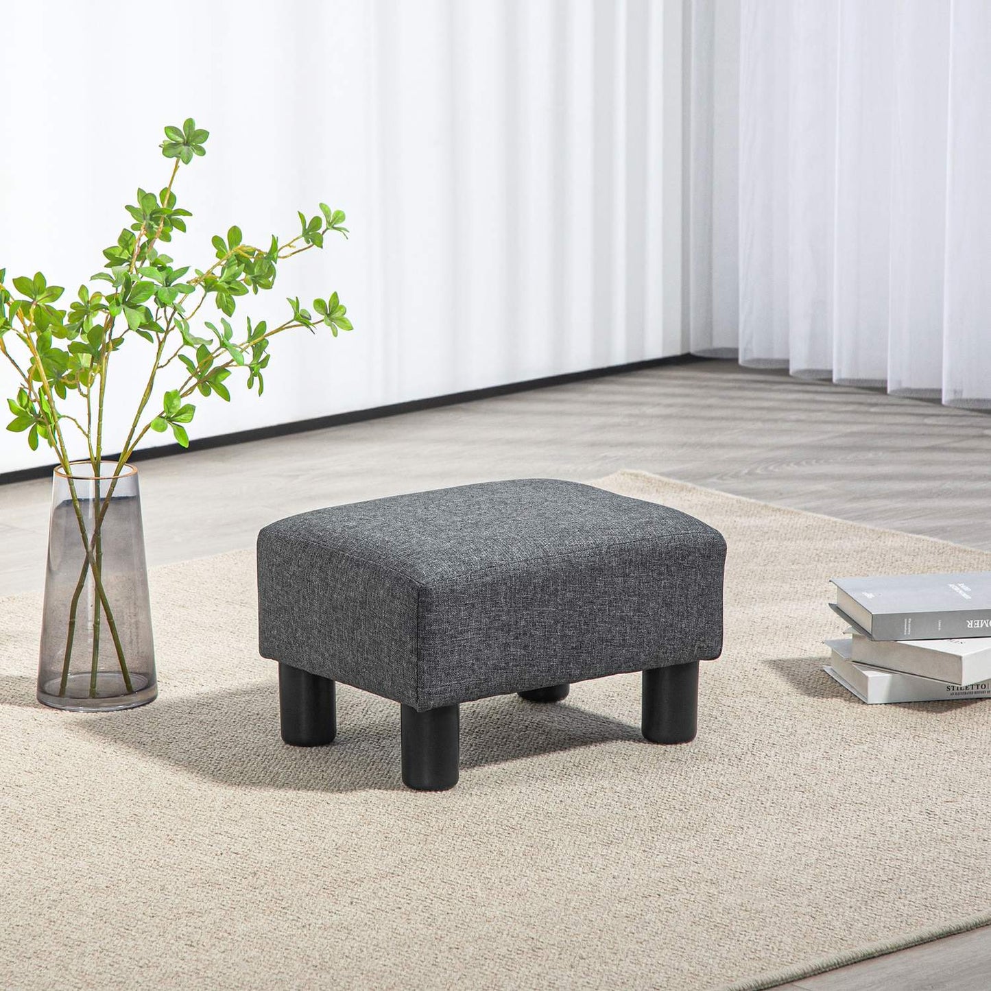 Footstool with Linen-Like Fabric, Foam Padding, Dark Grey