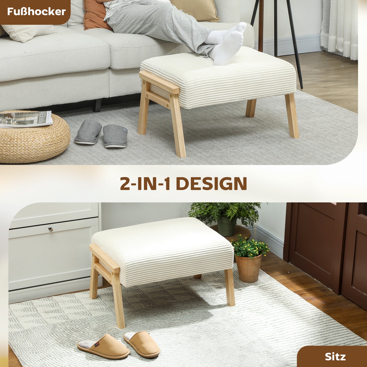 Footstool with Soft Cushion, Corduroy Look, Cream White