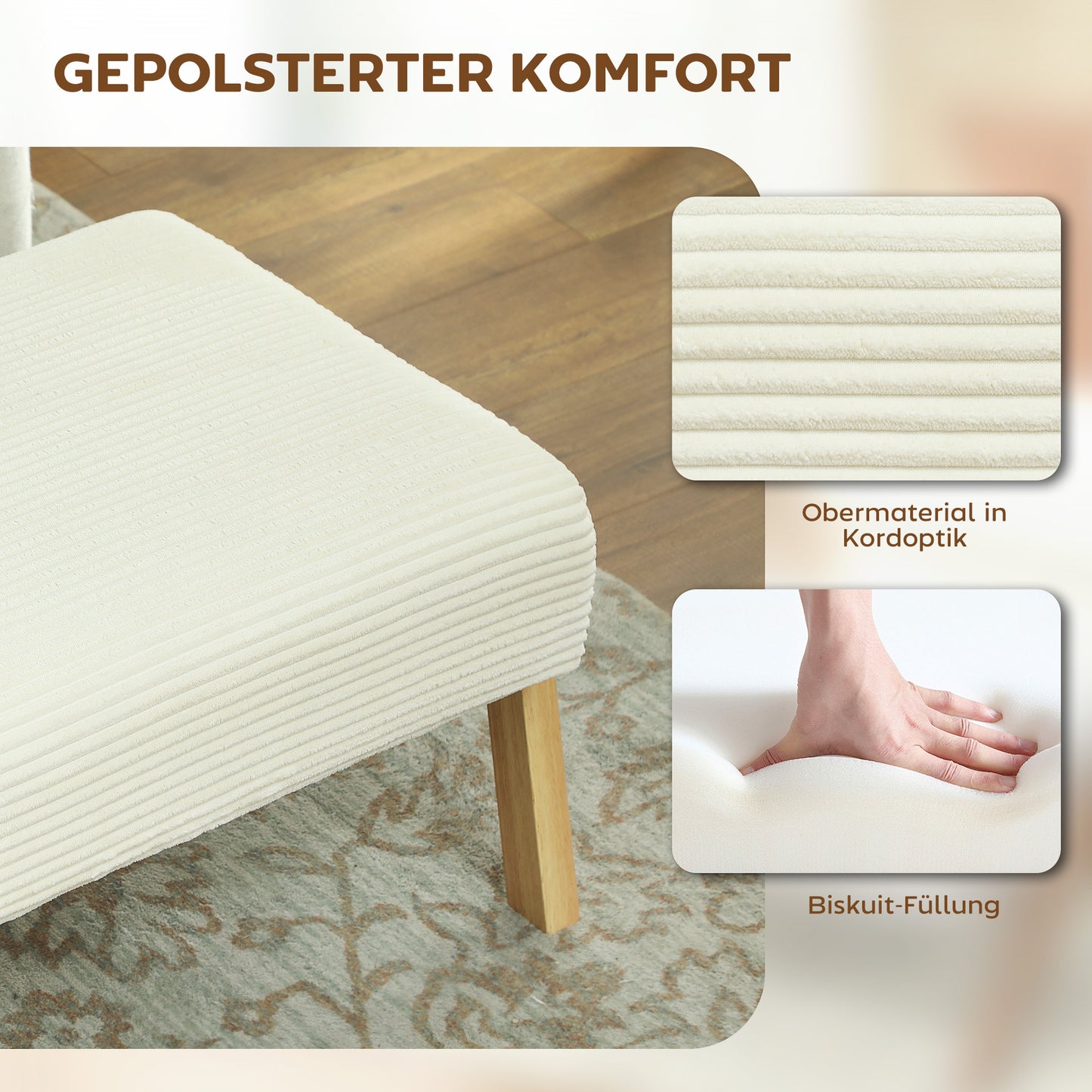 Footstool with Soft Cushion, Corduroy Look, Cream White