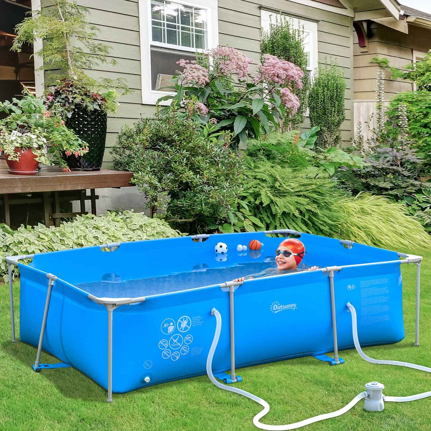 Steel frame pool with drain valve, blue PVC, 315x225x75 cm