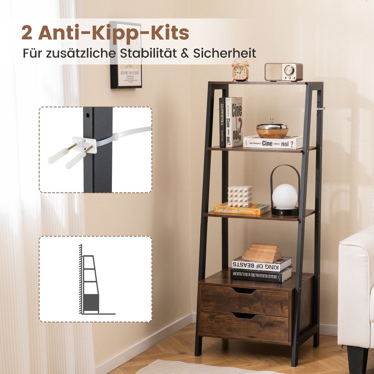 Freestanding Ladder Bookshelf, 134cm, 4 Shelves, 2 Drawers
