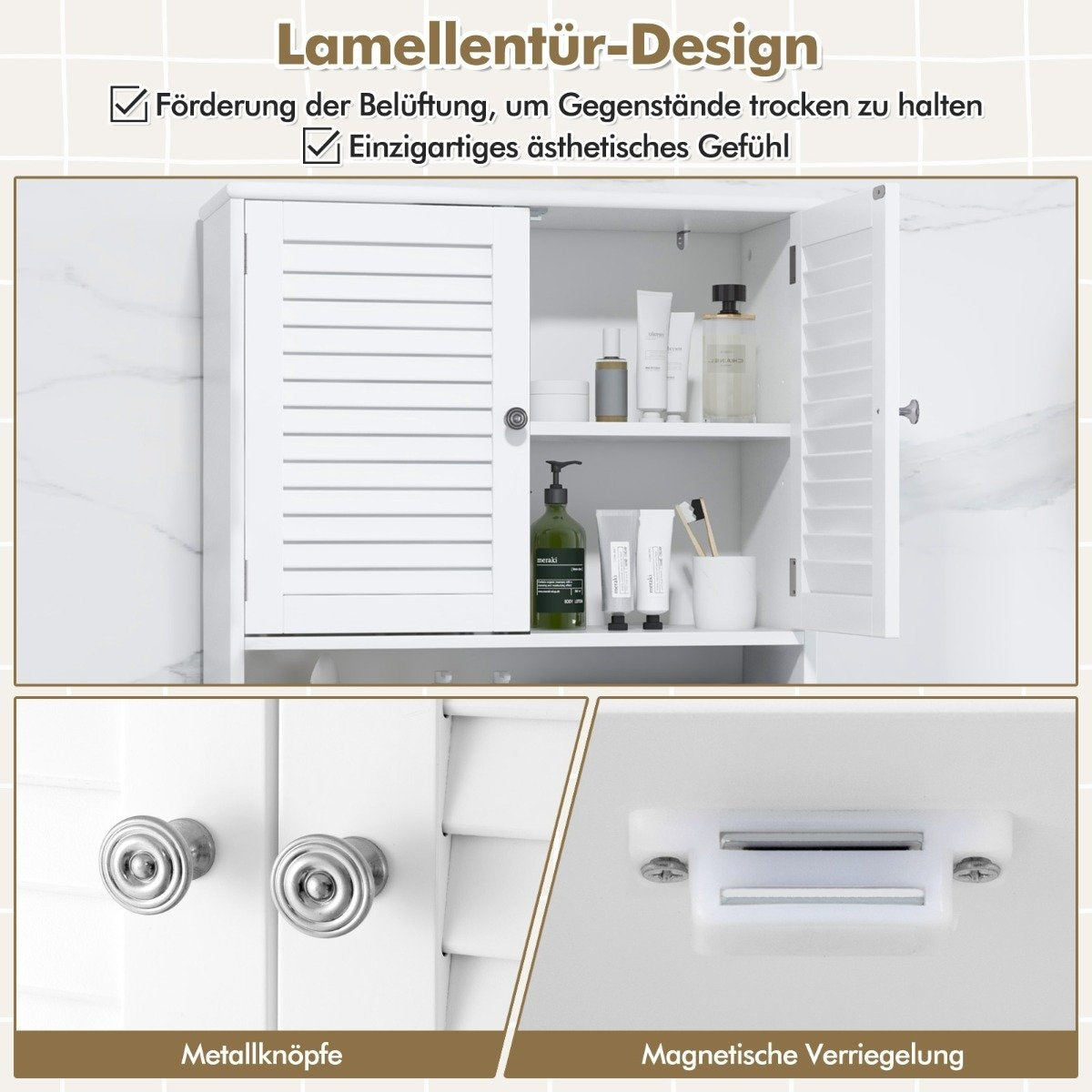 Freestanding Toilet Shelf with Double Door & Adjustable Shelves Bathroom Shelf White