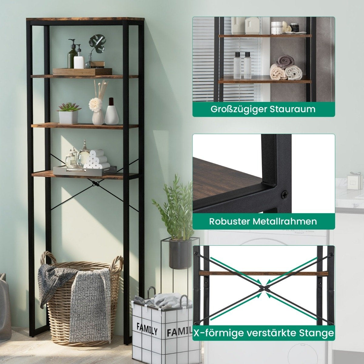 Freestanding Toilet Shelf with Metal Frame & Anti-tip 4 Tier Bathroom Shelf