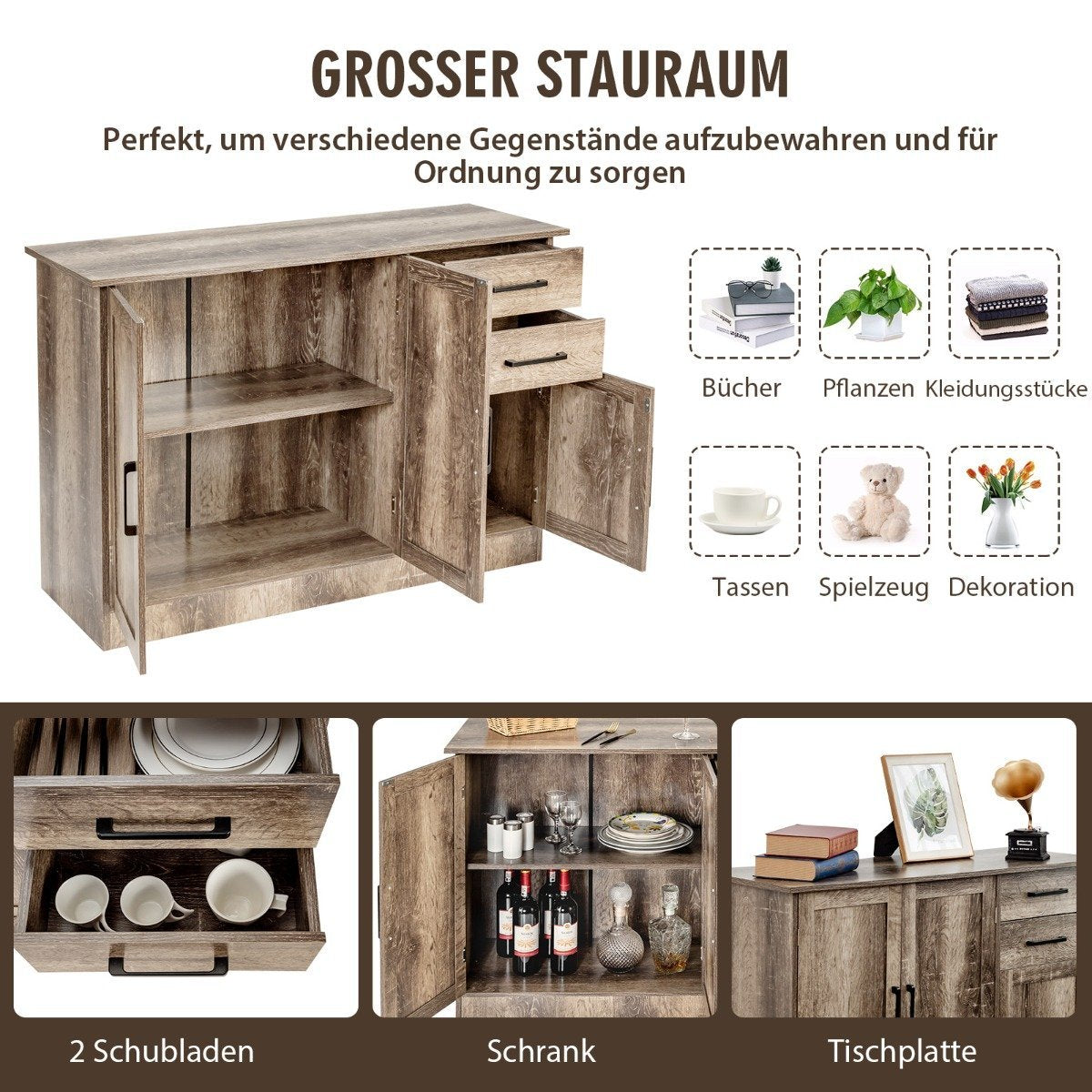 Freestanding buffet cabinet with 2 drawers, 3 doors and 1 adjustable shelf gray