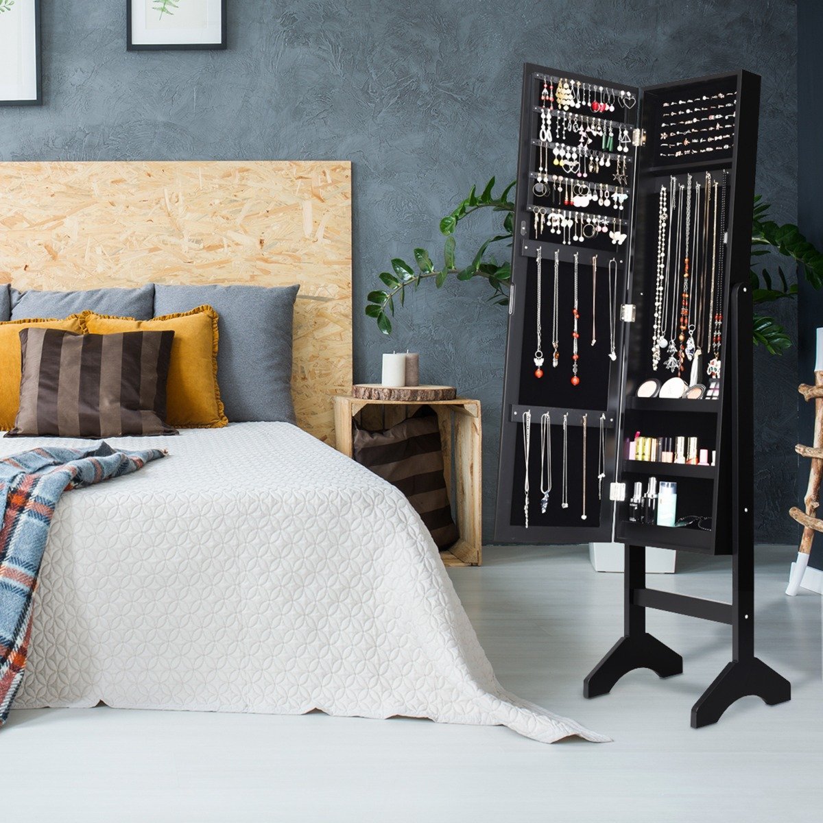 Freestanding jewelry cabinet with full-length mirror jewelry shelf 35.5 × 33 × 153 cm black