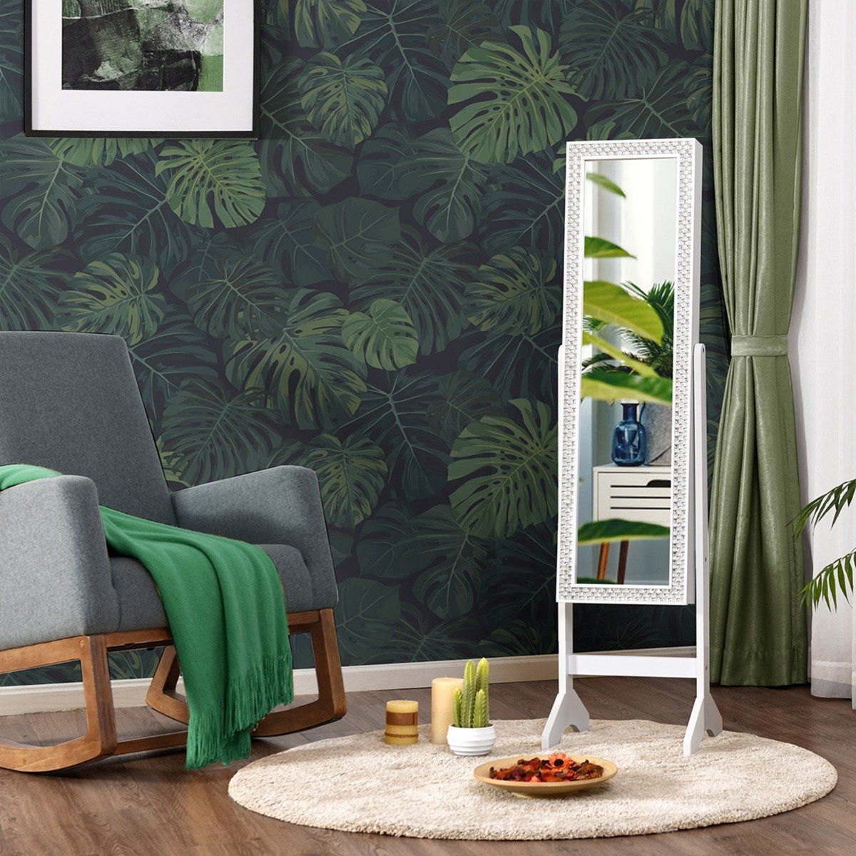 Freestanding jewelry cabinet with mirror adjustable jewelry shelf 35.5 × 33 x 153 cm white