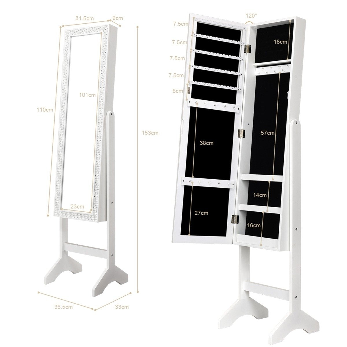 Freestanding jewelry cabinet with mirror adjustable jewelry shelf 35.5 × 33 x 153 cm white