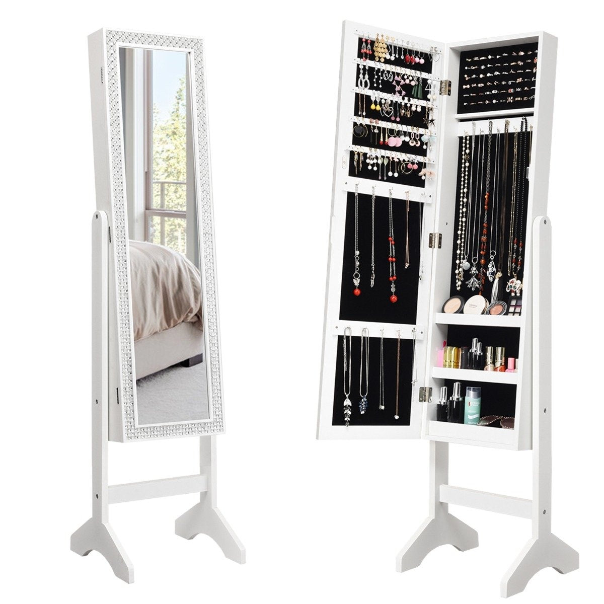 Freestanding jewelry cabinet with mirror adjustable jewelry shelf 35.5 × 33 x 153 cm white