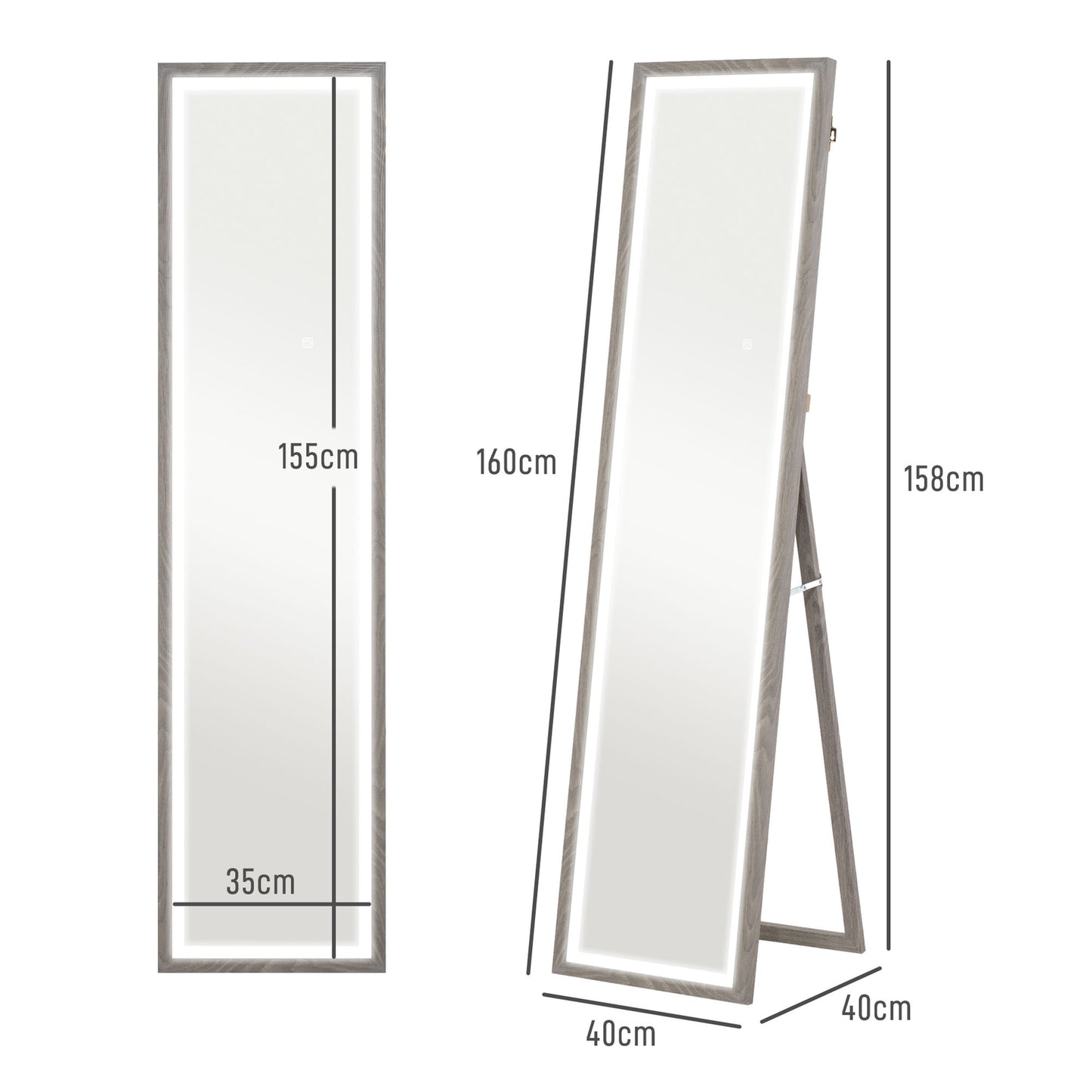 Full-Length LED Mirror, 40x160 cm, Touch Control, Dimmable