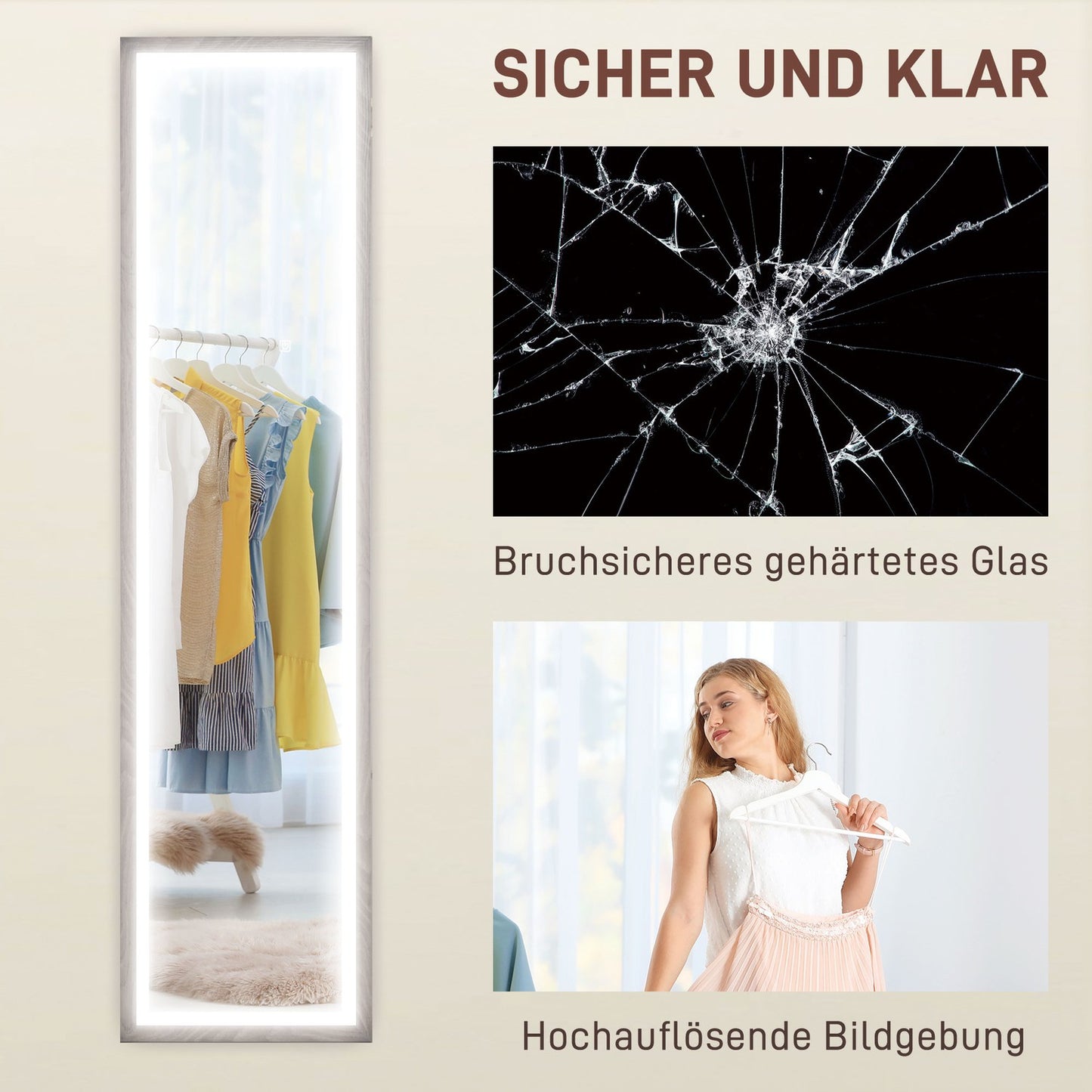 Full-Length LED Mirror, 40x160 cm, Touch Control, Dimmable