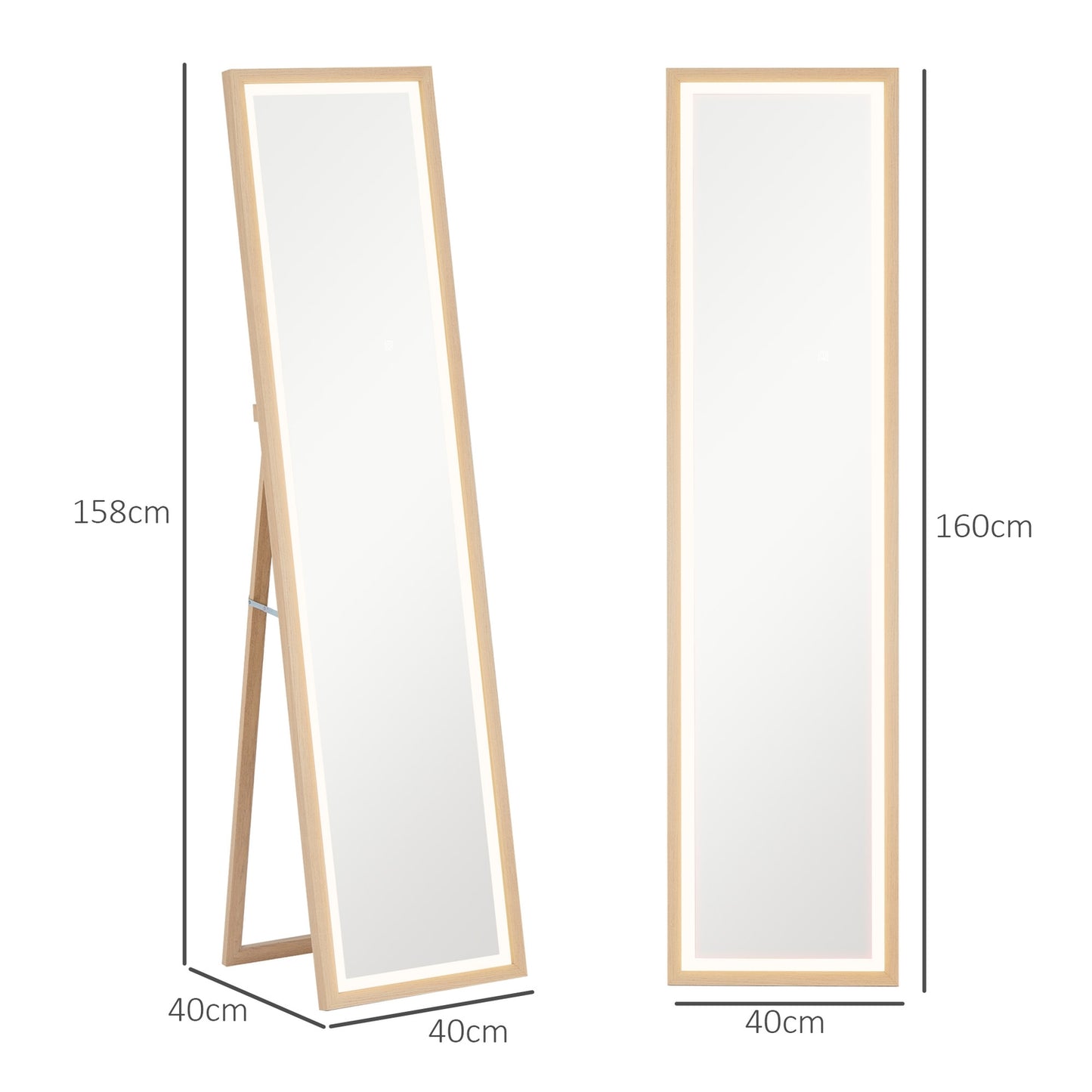 Full-Length LED Mirror, 40x160 cm, Touch Control, Oak