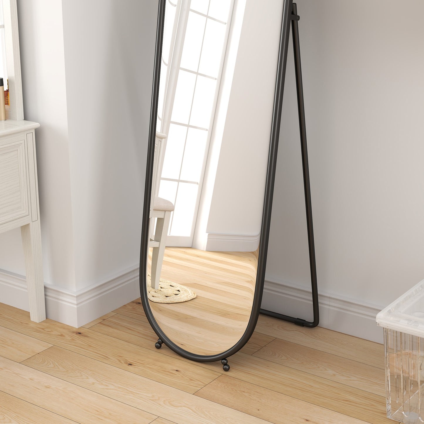 Oval full-length mirror with stand, metal frame 160x40 cm