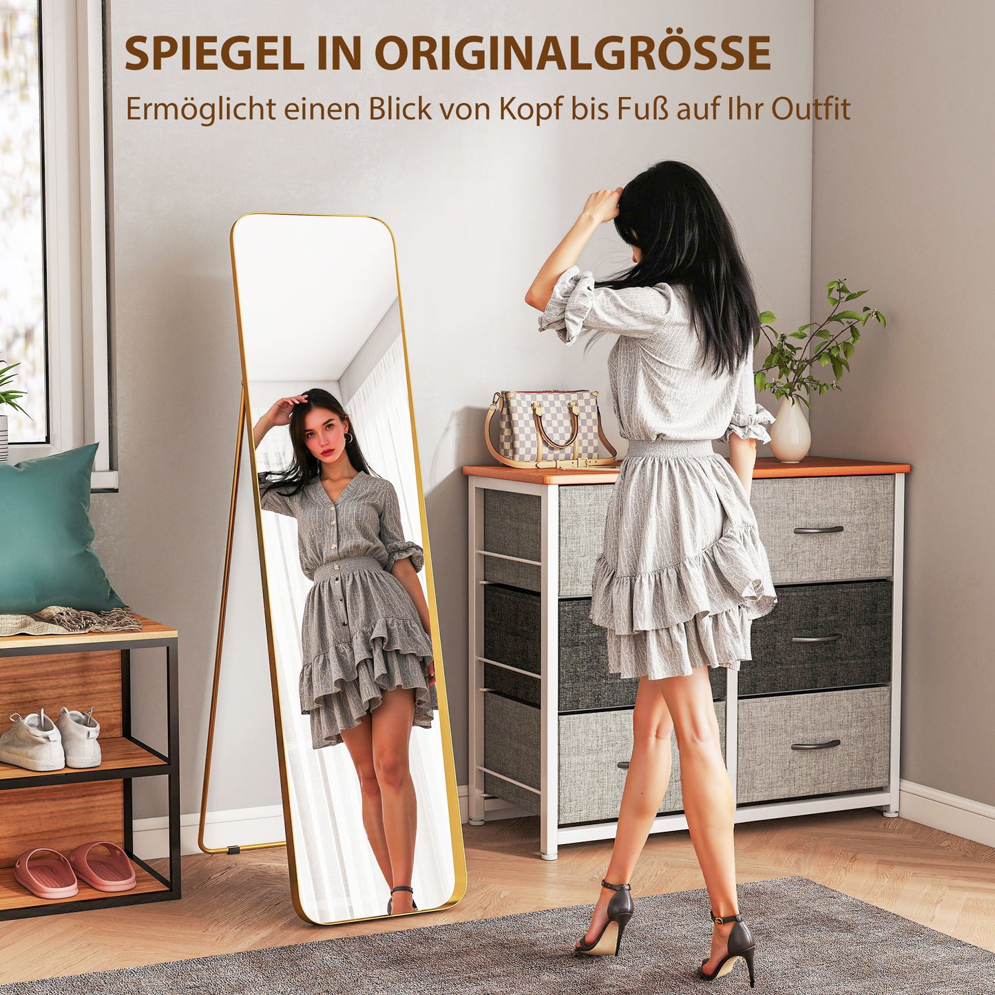 Full-Length Mirror, Freestanding Tilt, Gold Metal Frame, 160x40 cm