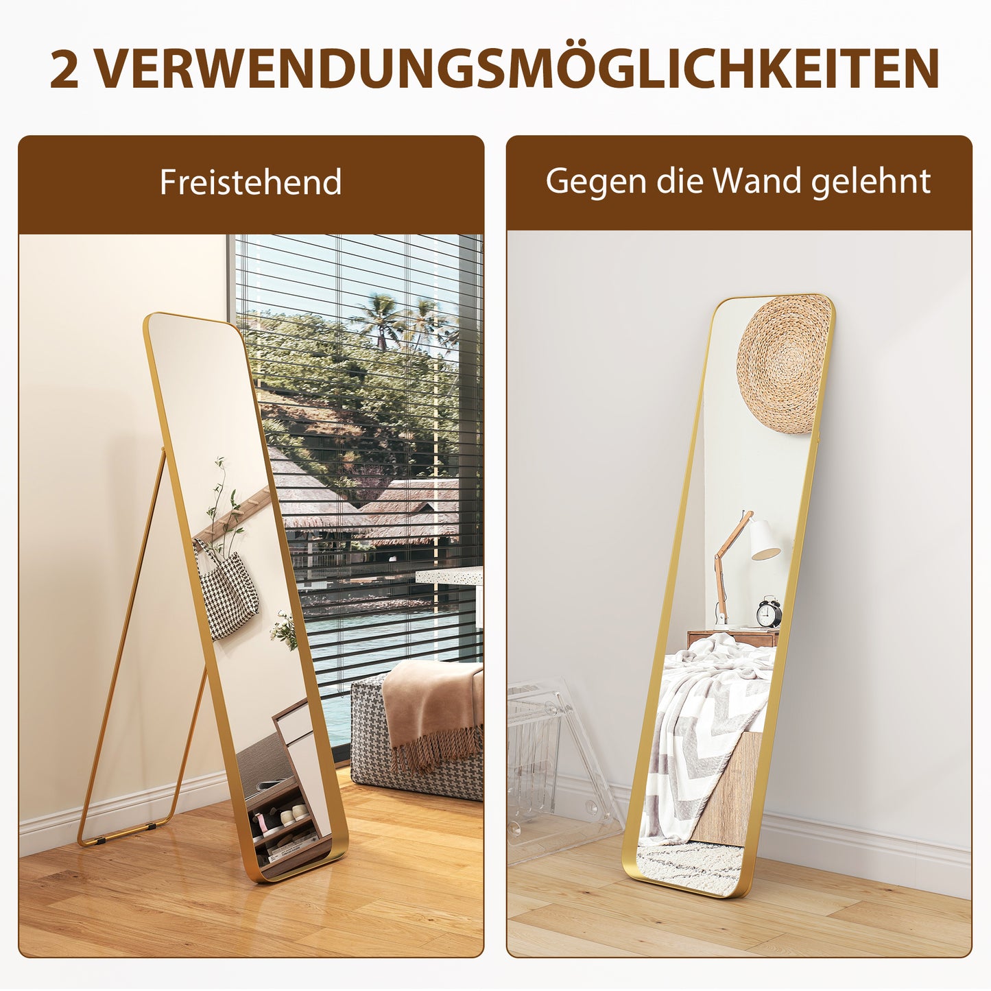 Full-Length Mirror, Freestanding Tilt, Gold Metal Frame, 160x40 cm