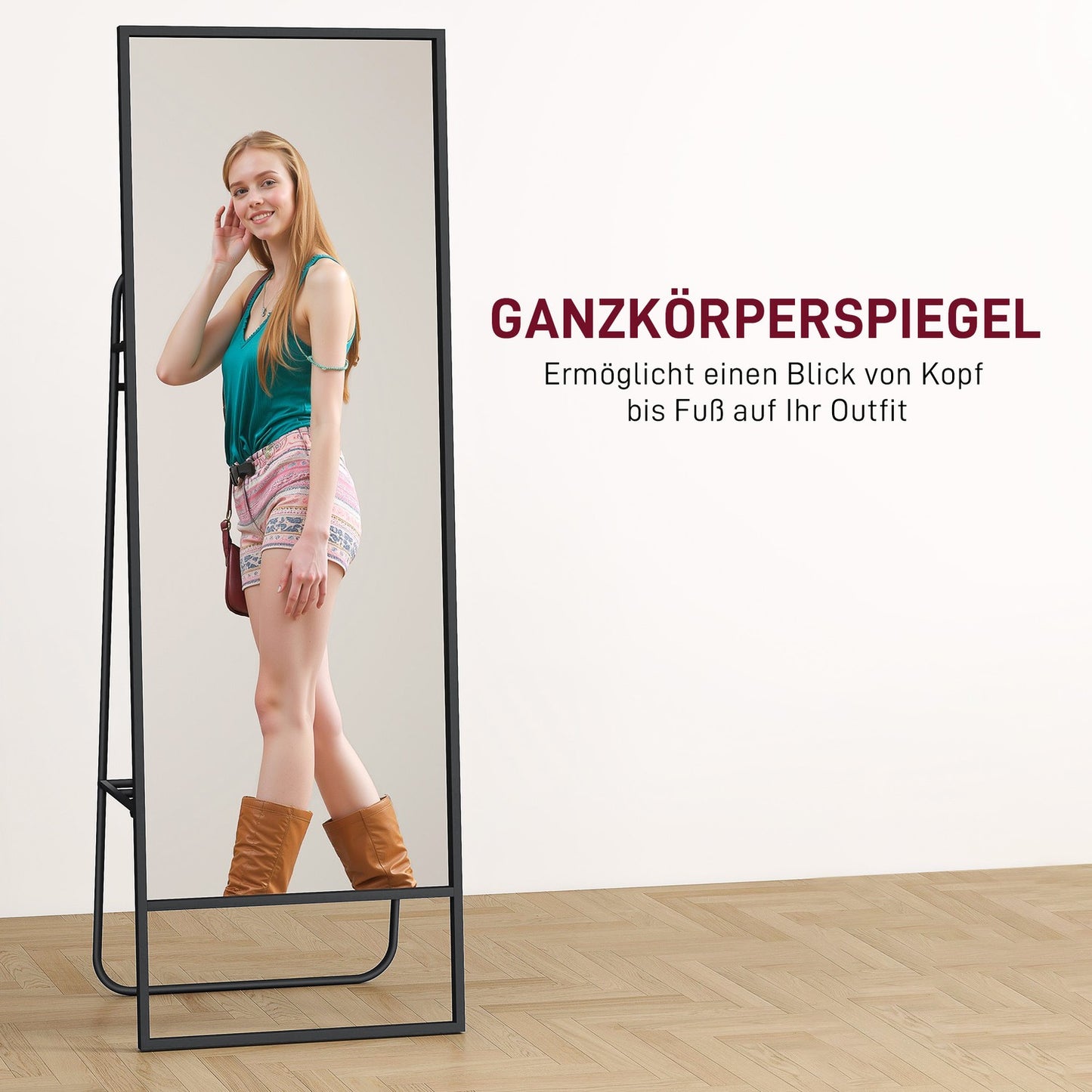 Full-Length Mirror with Shelf & Hooks, Black, 157x50 cm