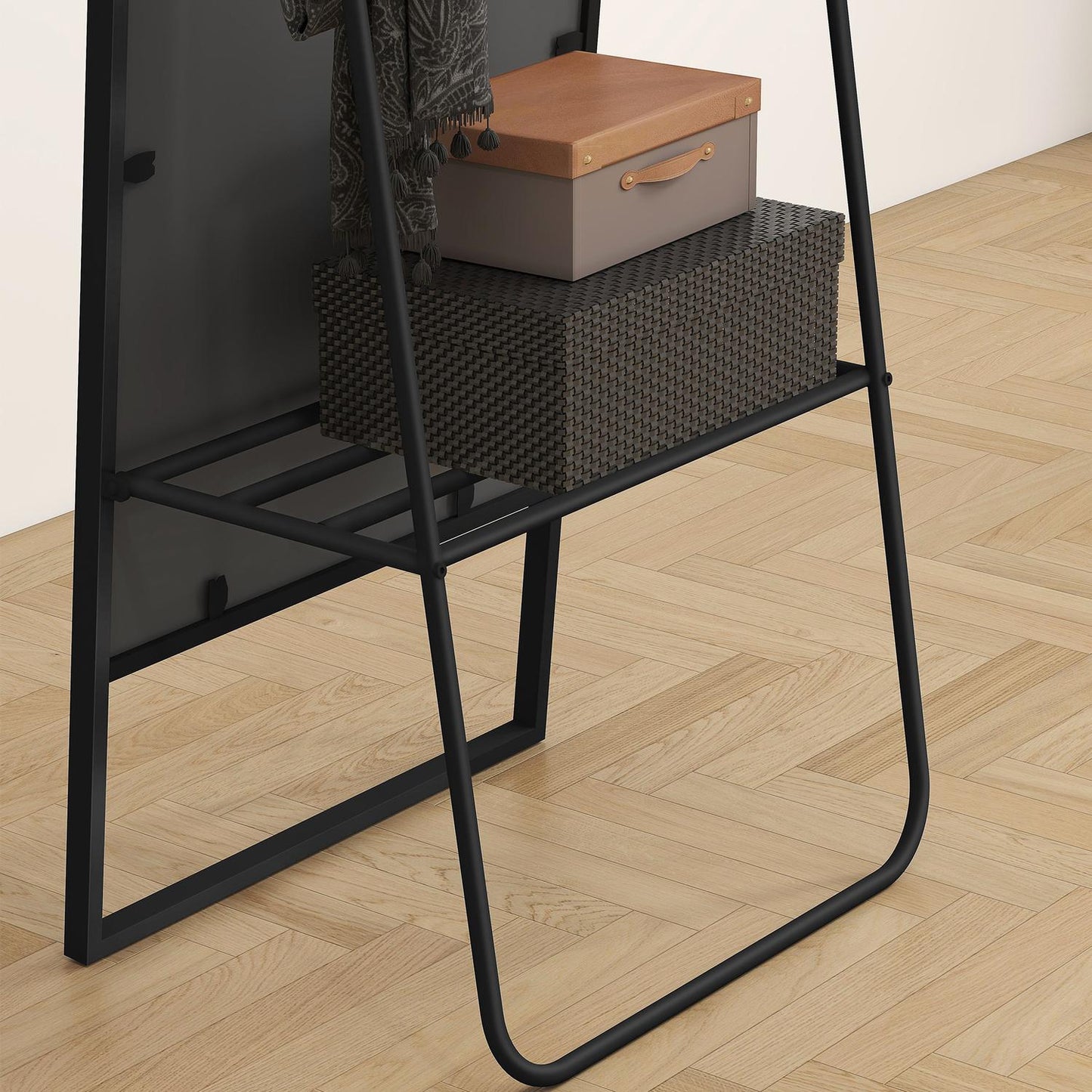 Full-Length Mirror with Shelf & Hooks, Black, 157x50 cm