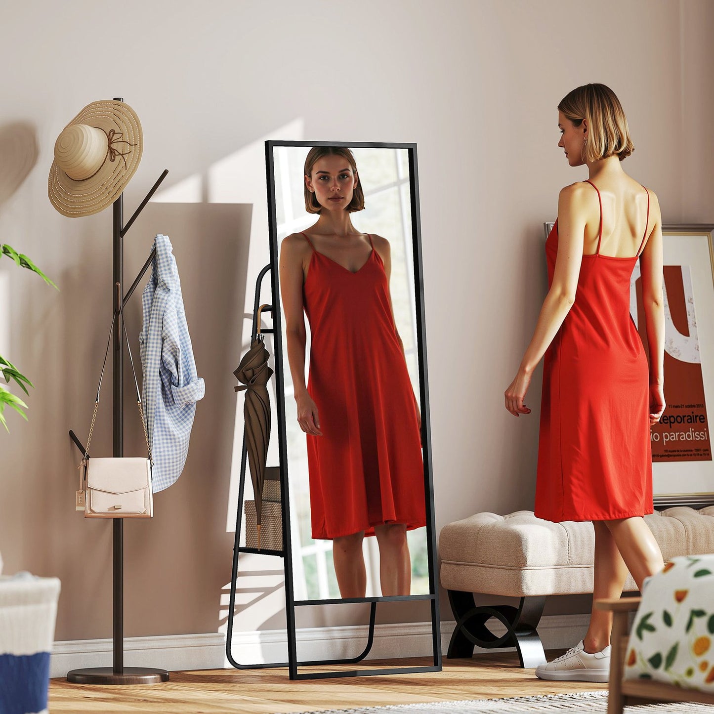 Full-Length Mirror with Shelf & Hooks, Black, 157x50 cm