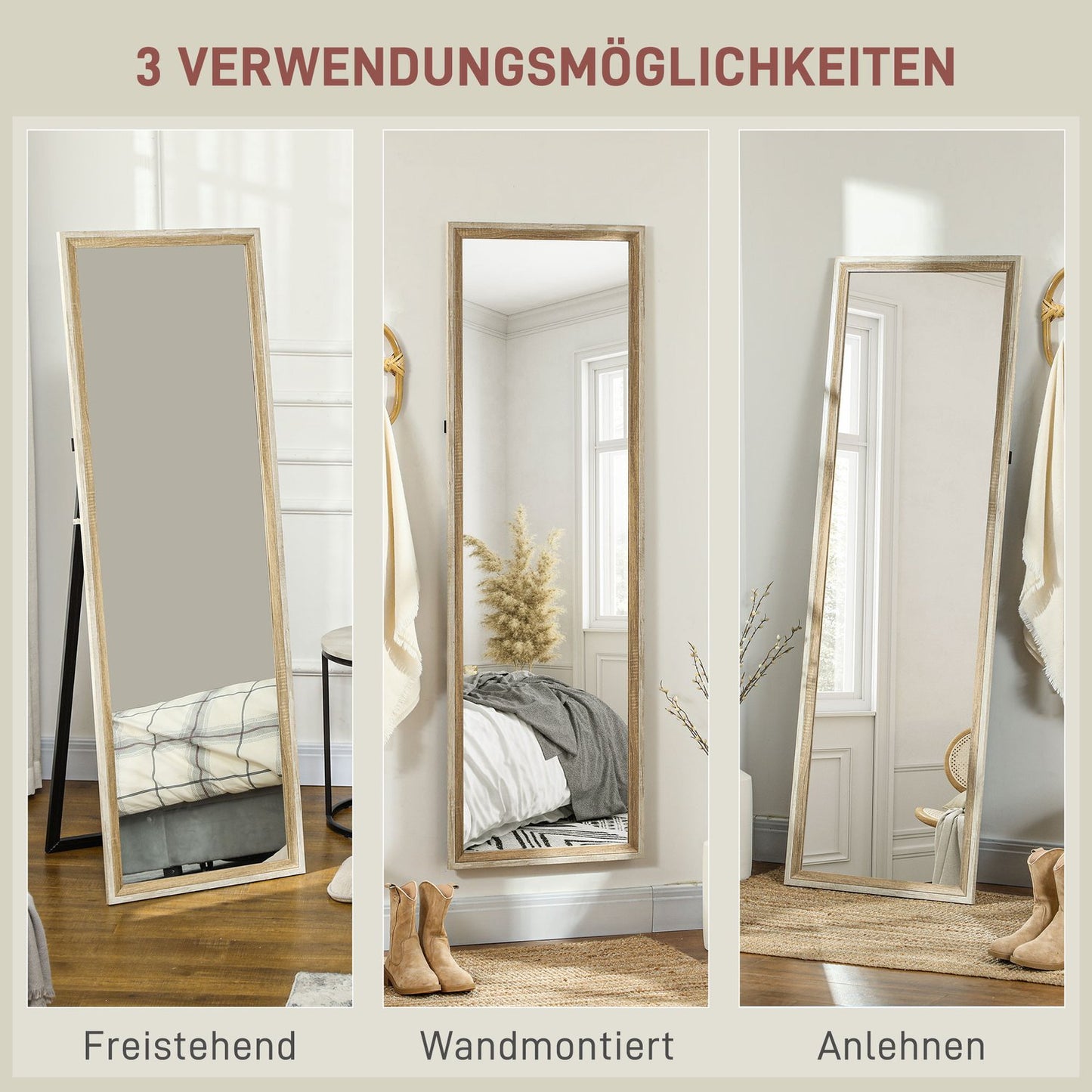 Full-length mirror, MDF frame, shatter-proof film, 162.6 x 53.3 cm, natural wood