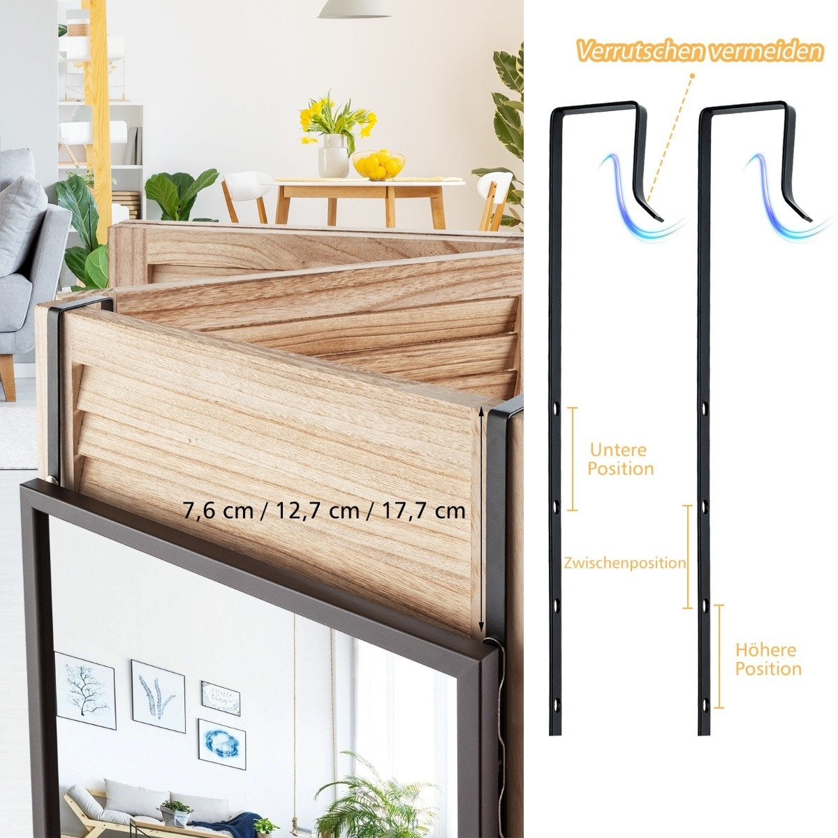 Full-length wall mirror with height-adjustable hanging hooks 36.5 x 1.5 x 107 cm brown