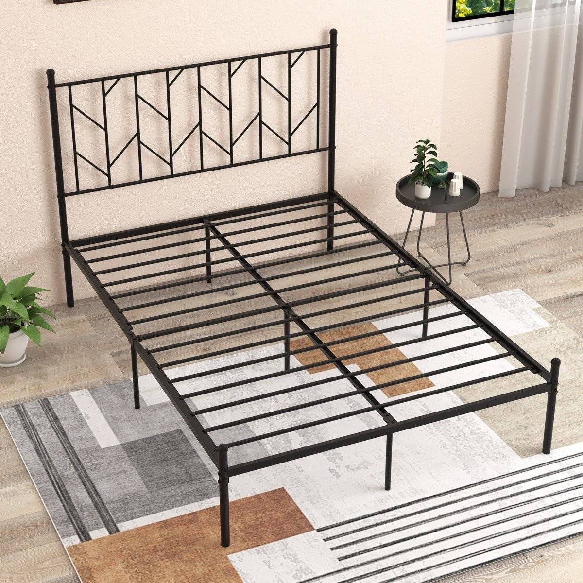 Full metal platform bed frame with headboard & noise-free mattress base, stable metal sled support, black