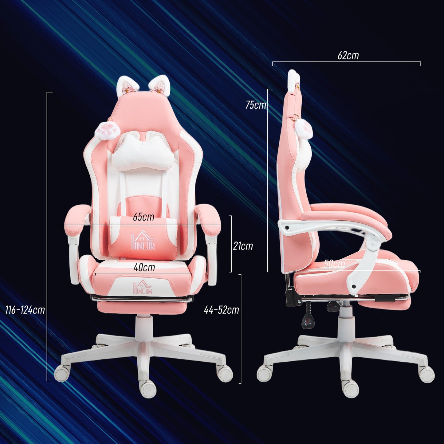 Ergonomic pink gaming chair with lumbar support and footrest