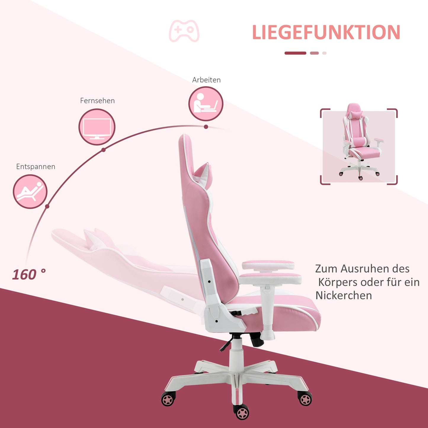 Pink & white gaming chair, adjustable, lumbar support, artificial leather