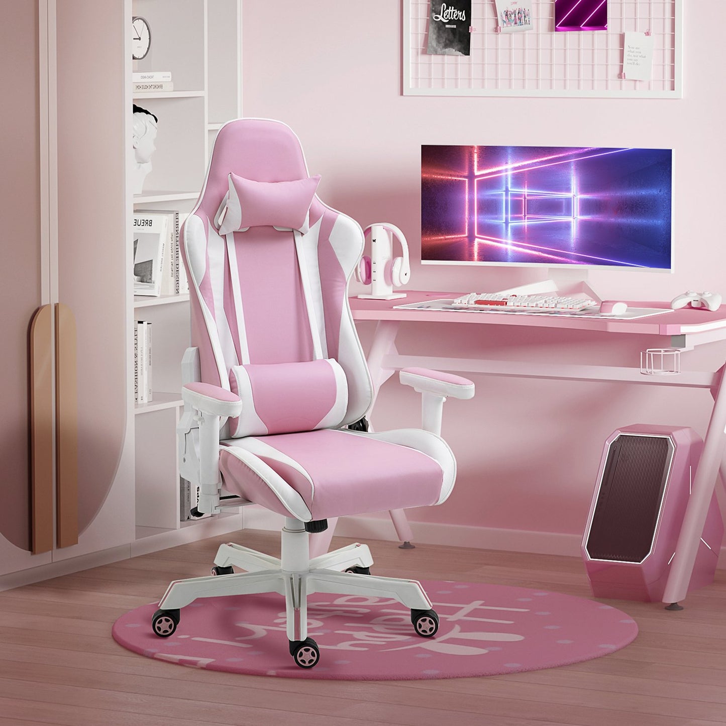 Pink & white gaming chair, adjustable, lumbar support, artificial leather