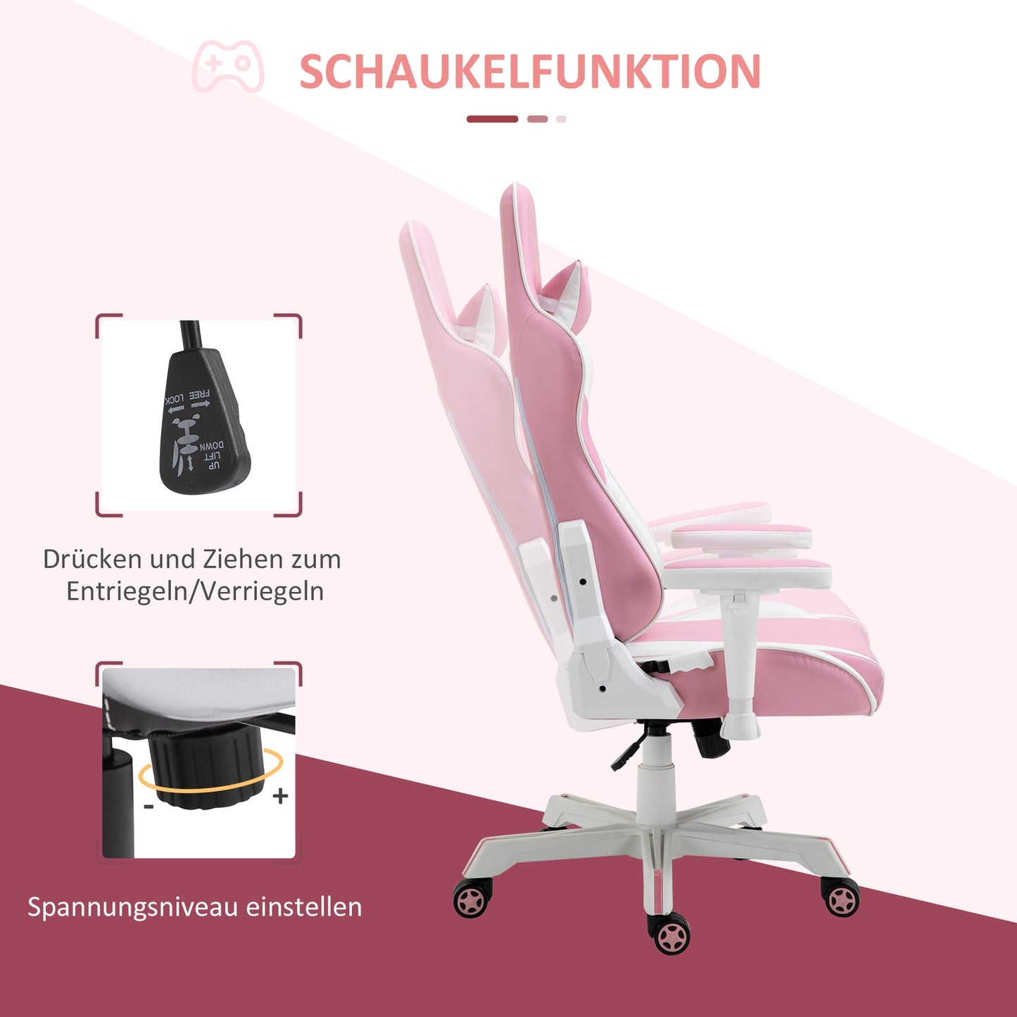 Pink & white gaming chair, adjustable, lumbar support, artificial leather