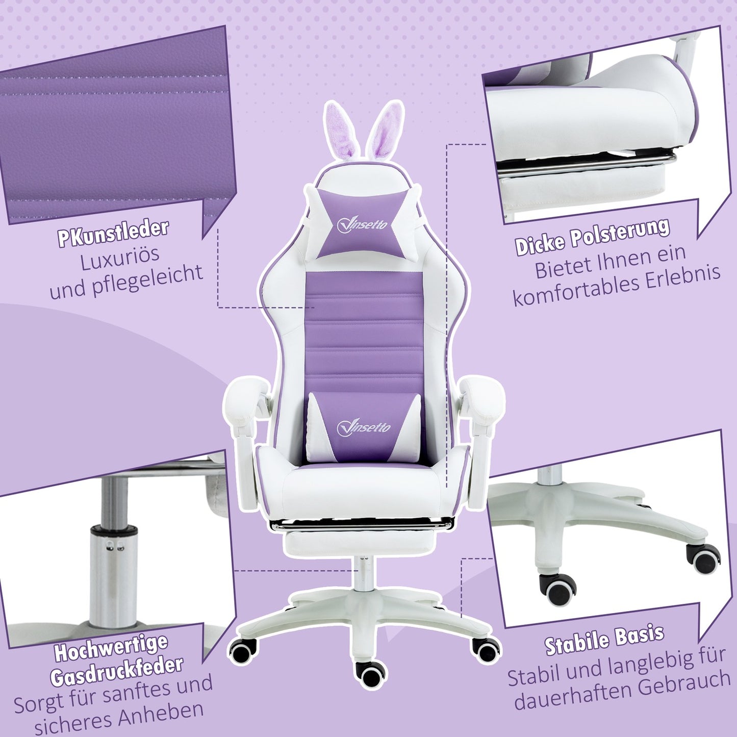Gaming Chair with Footrest, Lumbar Support, Purple