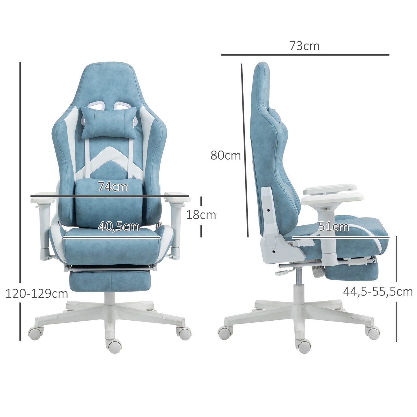 Blue Ergonomic gaming chair, reclining with footrest and cushions