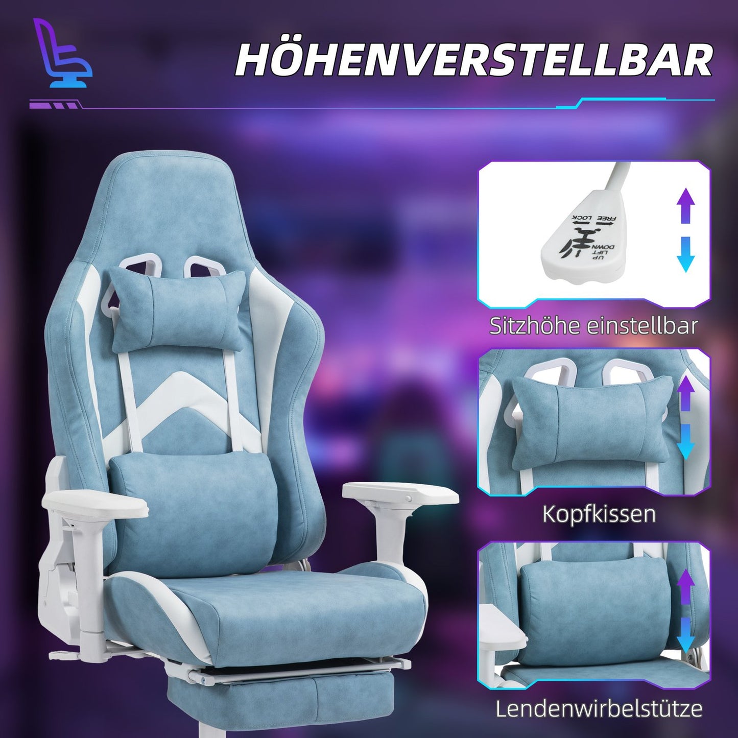 Blue Ergonomic gaming chair, reclining with footrest and cushions