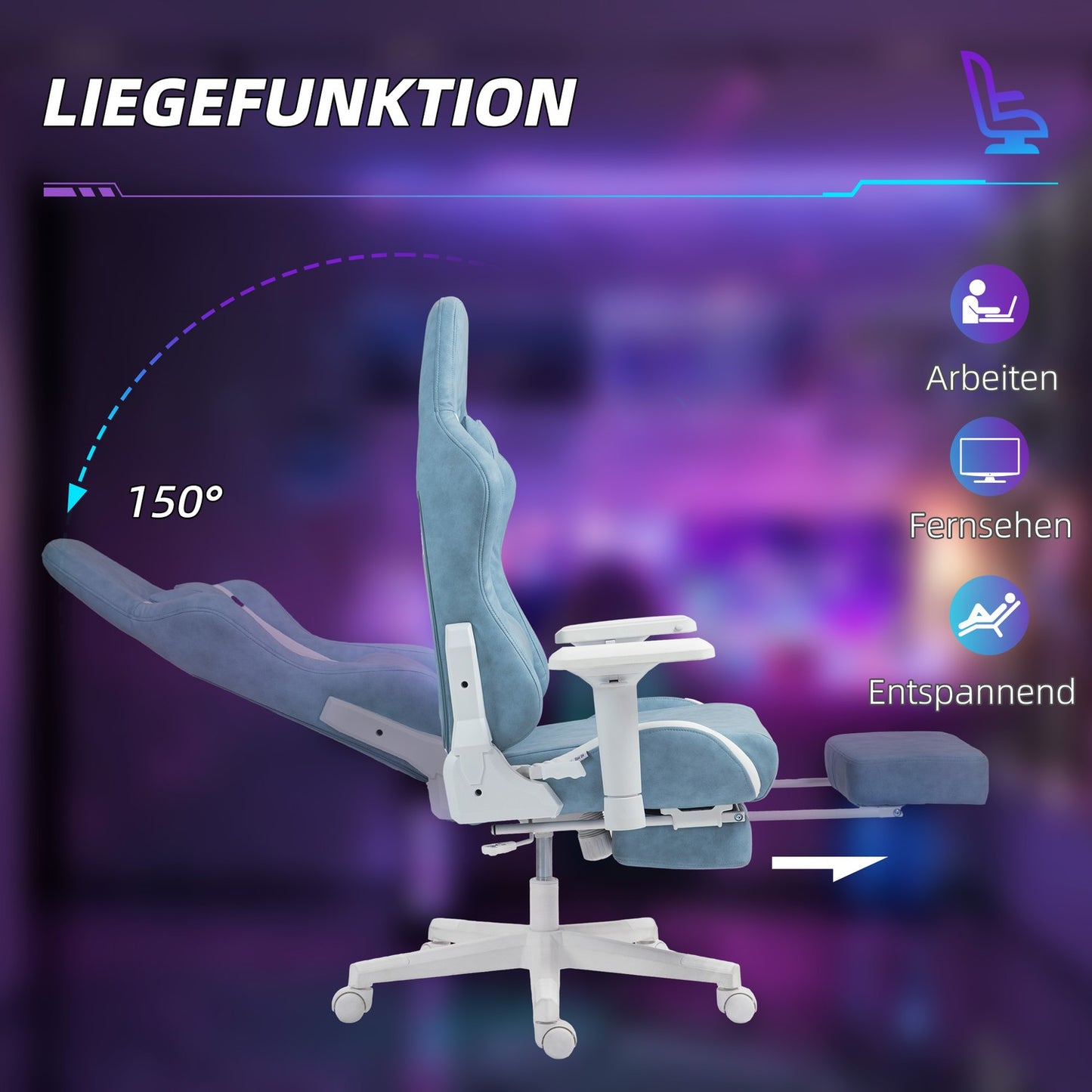 Blue Ergonomic gaming chair, reclining with footrest and cushions