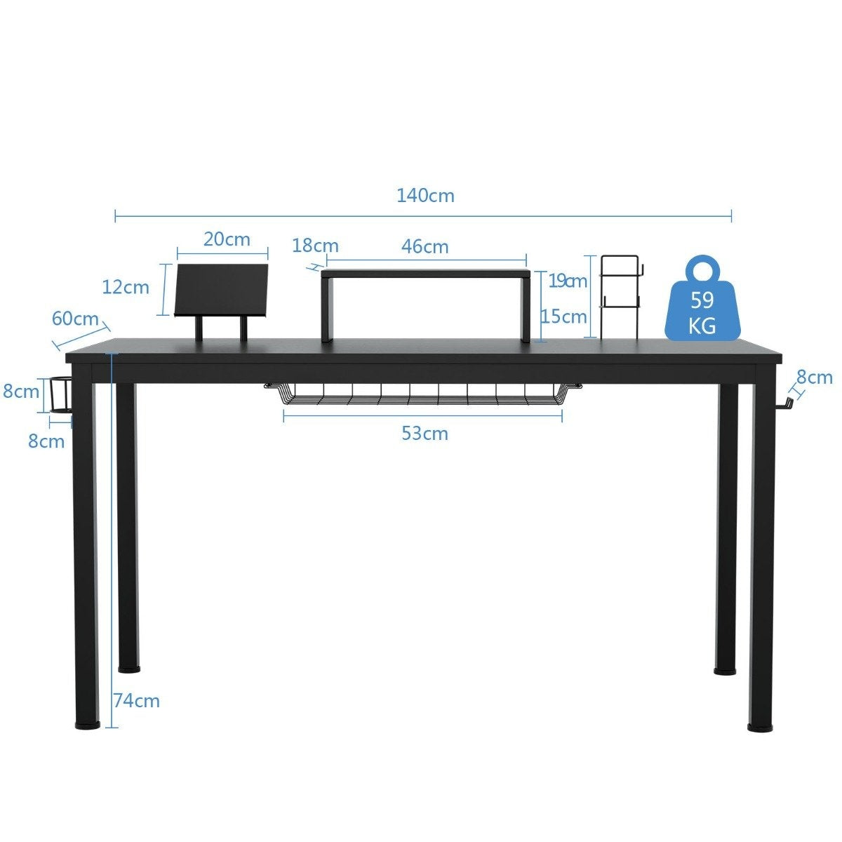 Gaming table 140 cm gaming desk with monitor shelf 155 x 60 x 94 cm black