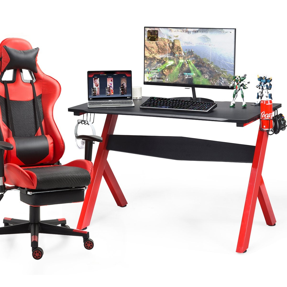Gaming table computer table gaming desk with cup and headphone holder and mouse pad for home office playroom